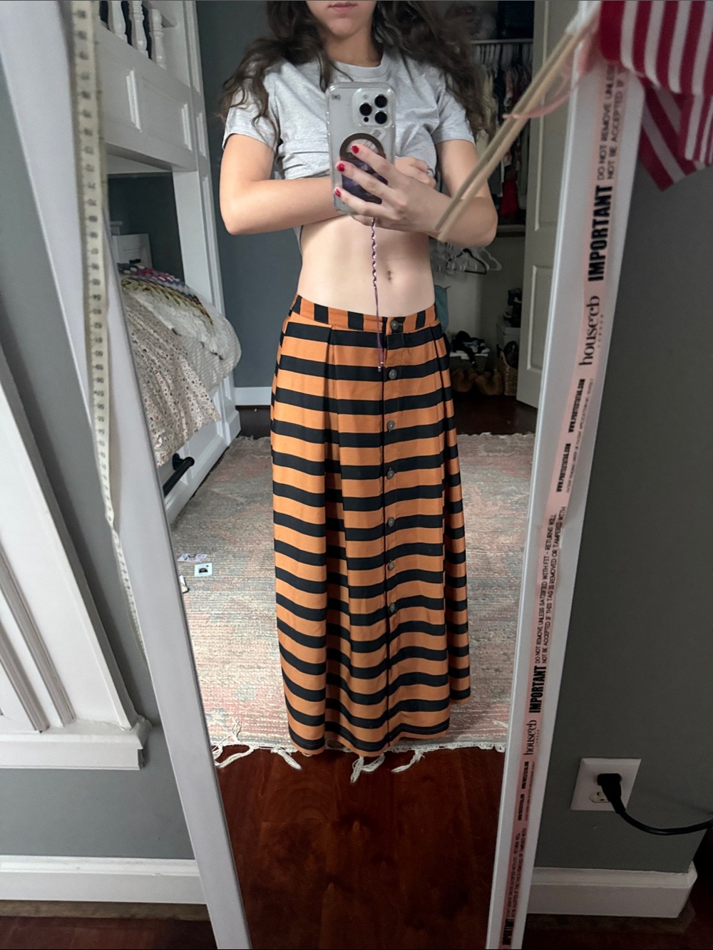 Who What Wear Orange and Black Striped Button-Front Maxi Skirt
